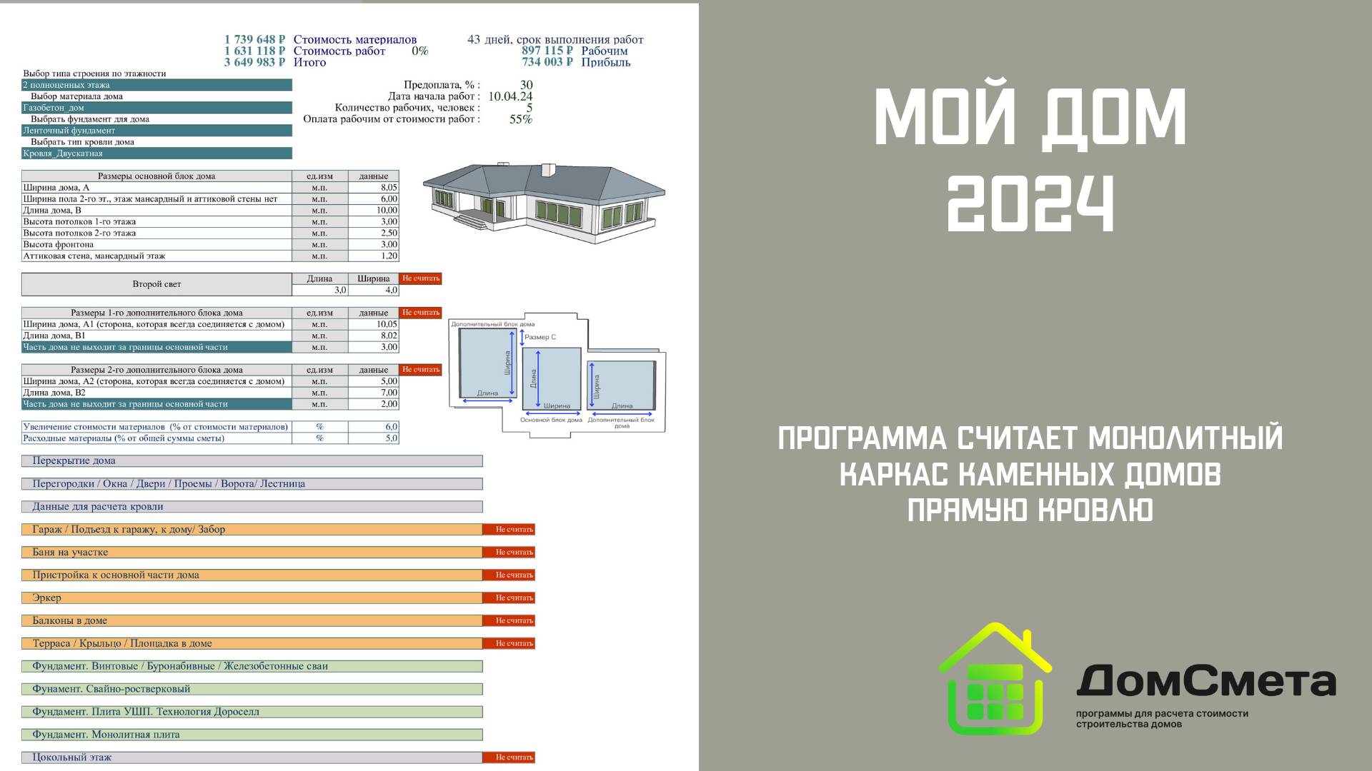 Программа. Рассчитать каменный дом с монолитным каркасом и прямой кровлей.