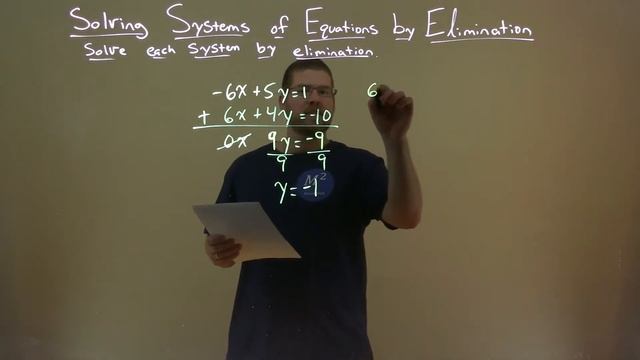 Solve -6x+5y=1 and 6x+4y=-10 by Elimination