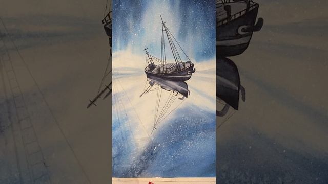 Зимний пейзаж ❄️ Акварельная живопись 🩵 Корабль во льдах 🌊