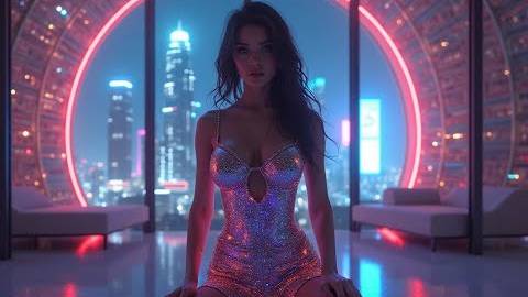 A beautiful android woman relaxing in a futuristic city in the rain ambient music