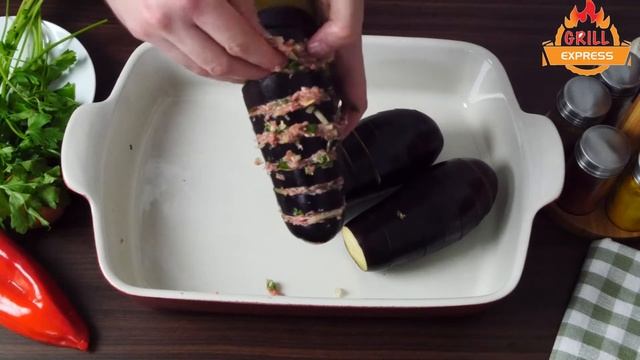 Roasted Stuffed Eggplant with Kebab meat in tomato Sauce - Easy Dinner
