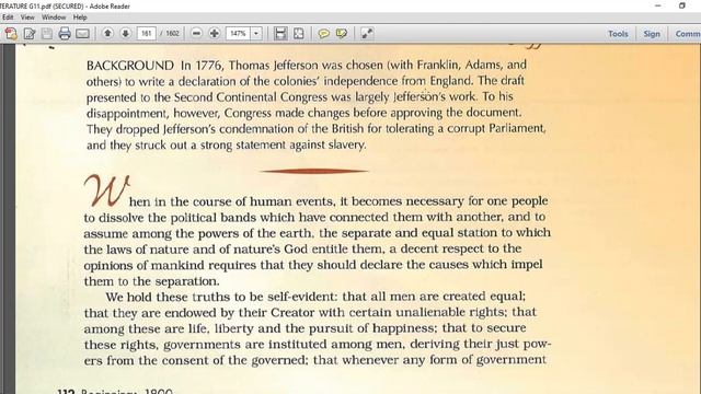 English G11 Literature The Declaration of Independence Thomas Jefferson pp  110 115