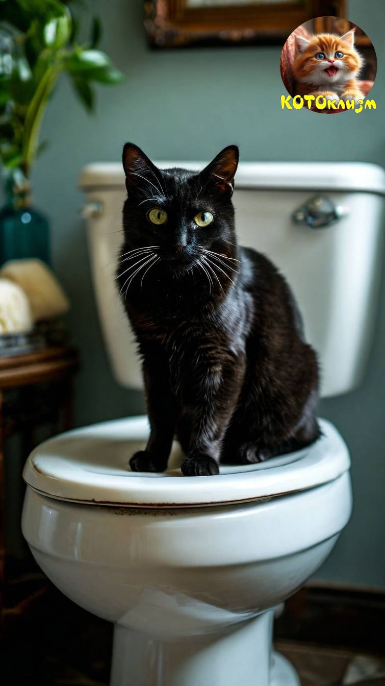Кот на унитазе что то ищет!