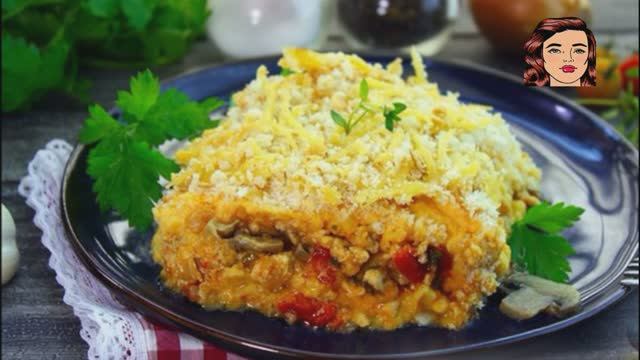 Мясная запеканка с грибами и овощным пюре