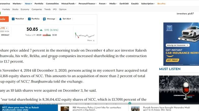 NCC up by more than 8% as Rakesh Jhunjhunwala raises stake. Watch this video now. Hurry up..