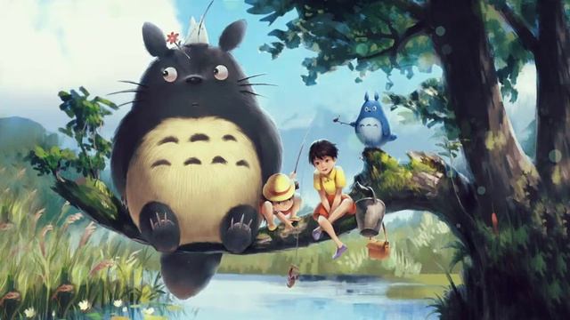 Тоторо с Друзьями на Рыбалке | Totoro Satsuki and Mei Fishing On Tree - Живые Обои