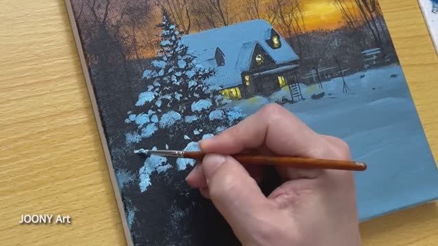 Зимний пейзаж с домиком в лесу / Акриловая живопись для начинающих