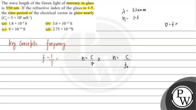The wave length of the Green light of mercury in glass is \( 550 \mathrm{~nm} \). If the refract...