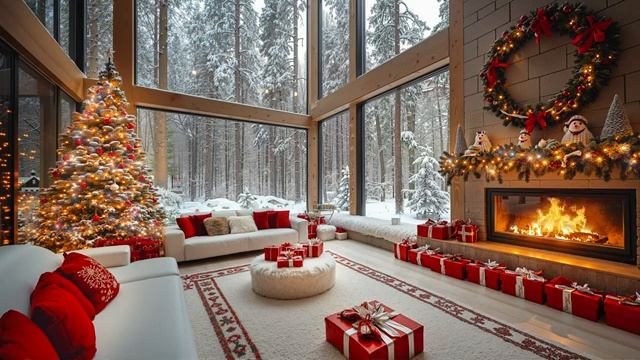 Forest Christmas Ambience 2025 in Cozy Living Room with Snow Falling & Fireplace Sounds for Relax
