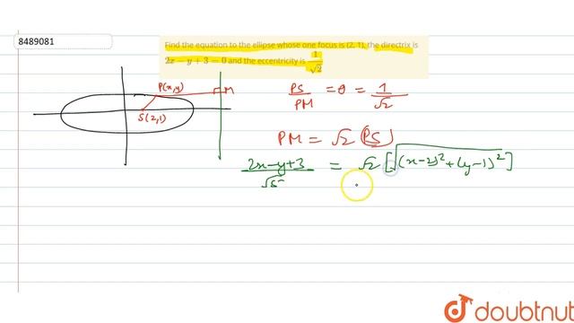Find the equation to the ellipse whose one focus is (2, 1), the directrix is `2x-y+3=0`