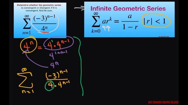 Determine if geometric series converges or diverges. If converges give sum.  ((-3)^(n-1))/4^n