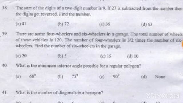 Sainik School(सैनिक स्कूल)entrance  solved  paper 2020 Part 2 (Maths)Class 9th