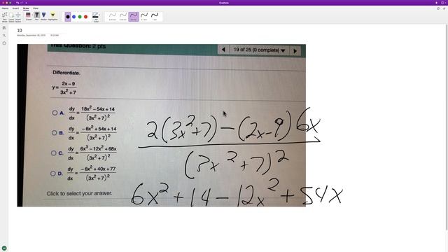 Differentiate y = (2x - 9)/(3x^2 + 7)