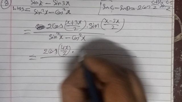 Prove that (sinx-sin3x)/(sin^2x-cos^2x)=2sinx.