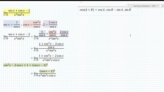 lim (x - 0) (sec x + cos x - 2) / (x^2 sin^2x)