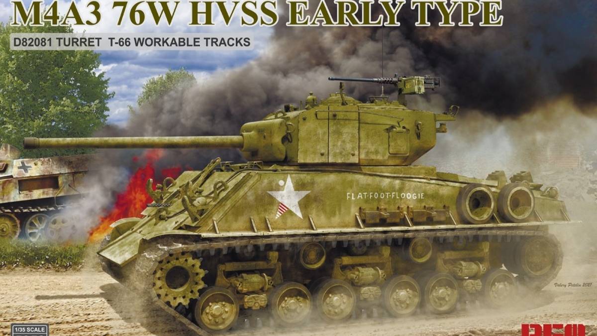 Распаковка Rye Field Model 1 35 RM-5058 M4A3 76W HVSS Early Type D82081 Turret T-66 Track