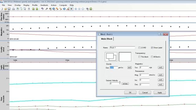 Oasis montaj - GM-SYS profile gravimagnetic modelling (профильное гравимагнитное моделирование GM-SY