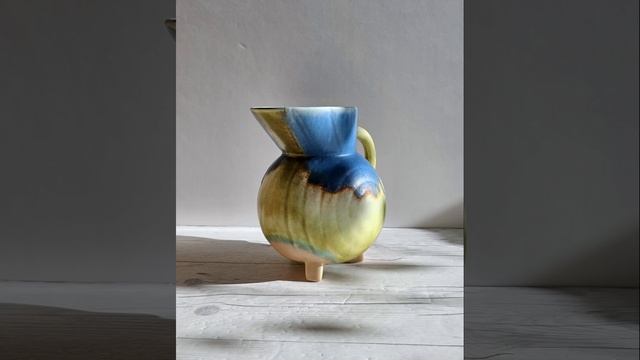 Beswick Pottery, Clarice Cliff Era, Art Deco Footed Jug Vase, Cobalt, Flax and Sienna Drip Glaze