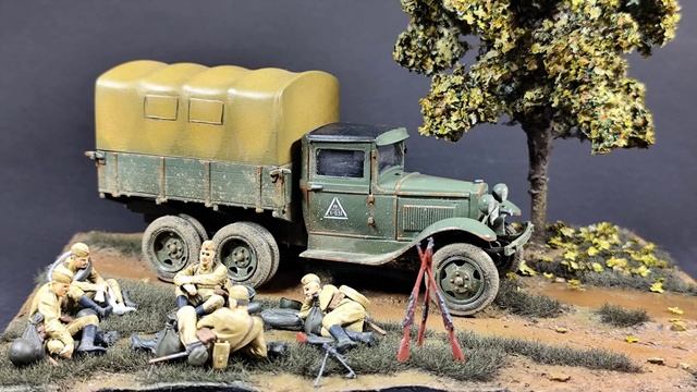 Диорама Советский грузовик ГАЗ-ААА и пехота 1/35 сборная модель (Звезда) (Mini Art)
