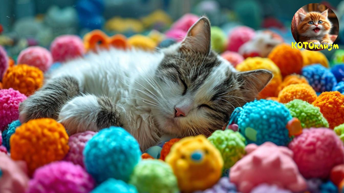 Кот спит с игрушками!