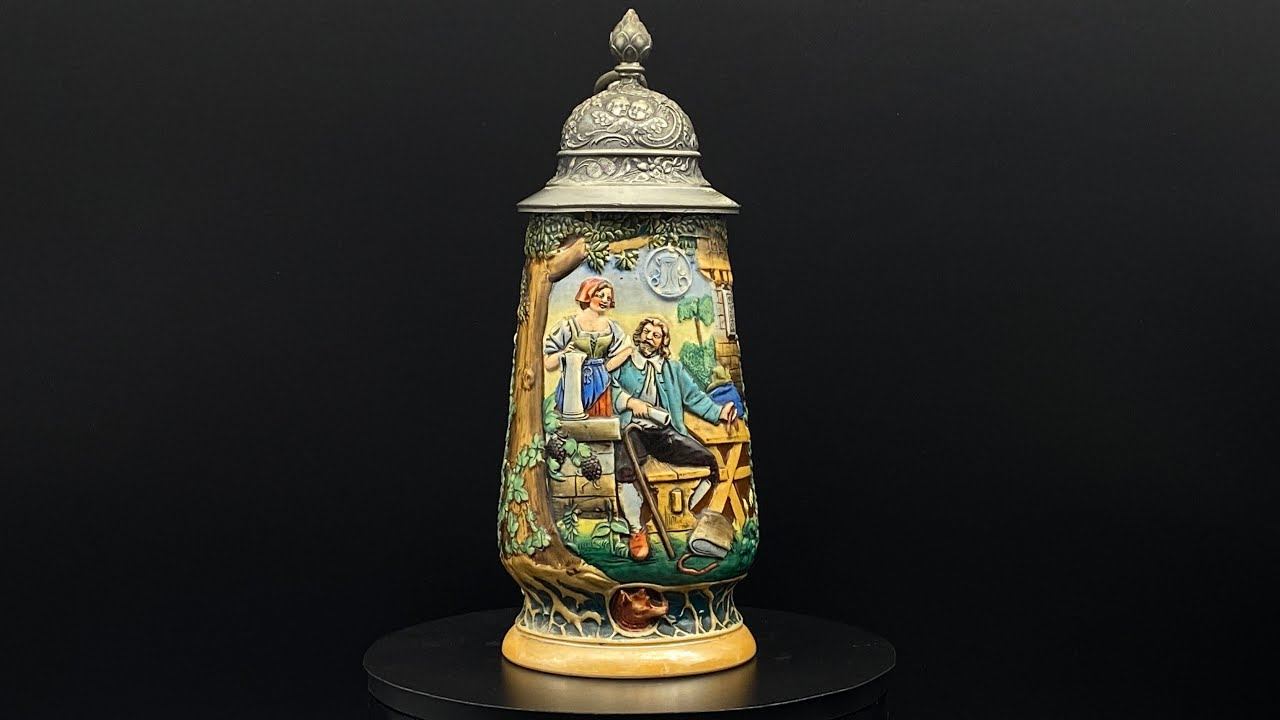 Антикварная пивная кружка 1890 год " Сцена в пивном саду" Каталог J.P. Thewalt Каталог № 1178