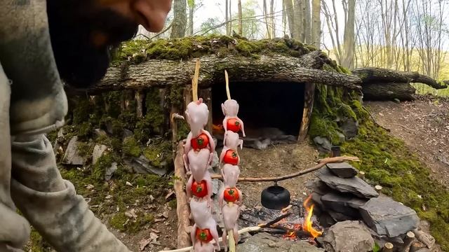 SOLO5 Days  Building Shelter Under BIG Fallen TREE