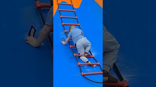 A child climbs up a ladder onto a slide