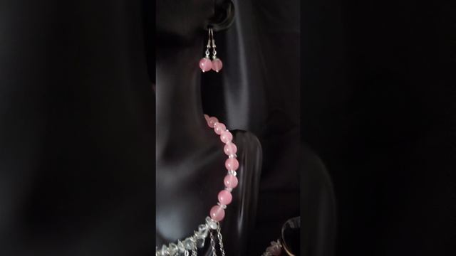 Колье чокер из натуральных камней розовый кварц + браслет + серьги