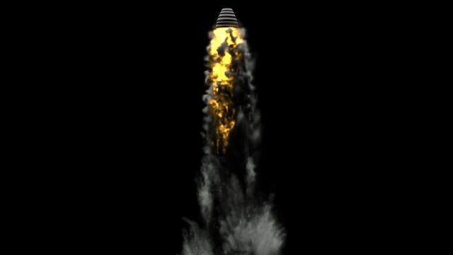 Rocket engine flame with gray smoke at launch on black