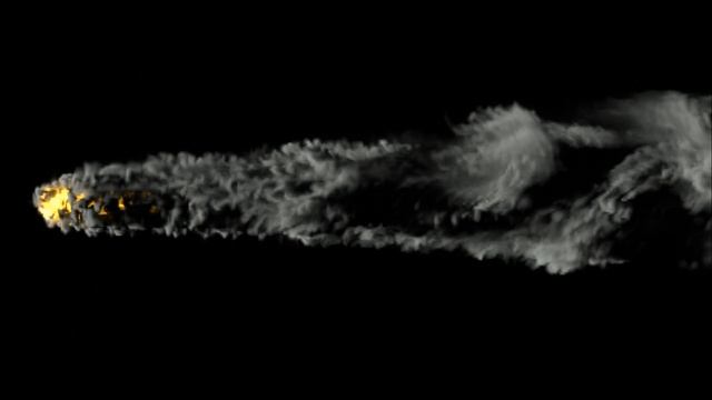 Rocket engine flames burst out with black smoke and fire on a dark background