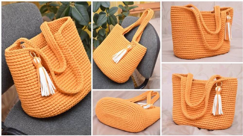 Большая сумка шоппер из трикотажной пряжи Овальное донышко Видео мастер-класс по вязанию крючком