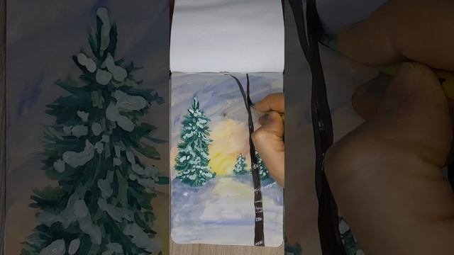 Простые уроки рисования детям "Зимний лес"