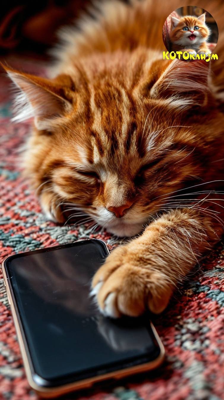 Спящий котенок со смартфоном.