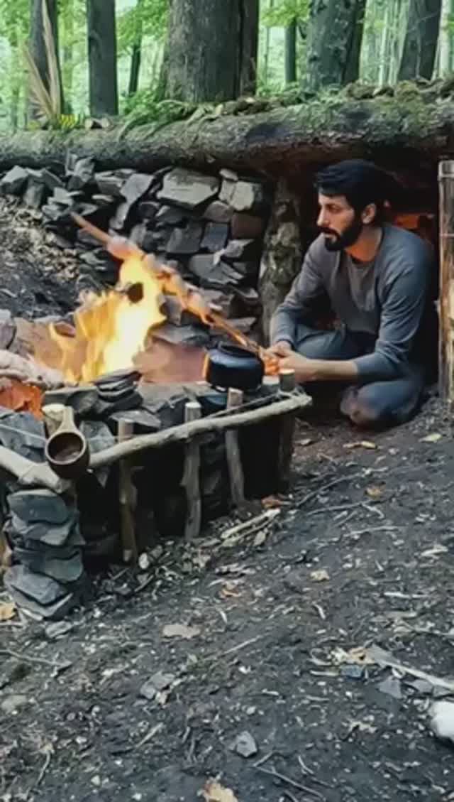 Строительство дома и камина из дерева и камня, приготовление перепелов