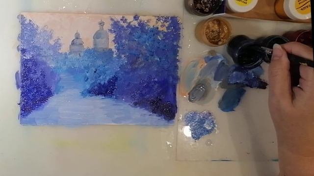 Этот зимний пейзаж рисуется легко и быстро. Подойдёт для конкурса рождественского или новогоднего ри