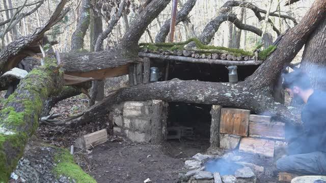 SOLO SURVIVAL CAMPING In RAIN Building a Secret Dugout UNDER a Fallen TREE; 3 Days