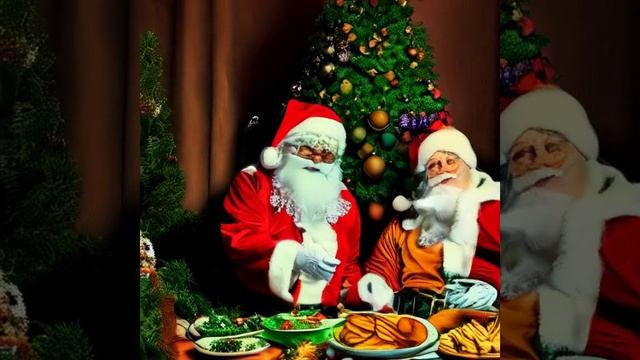 Дед Мороз и Санта Клаус обедают картошкой жареной, котлетами, салатами у елки, создано нейросетью