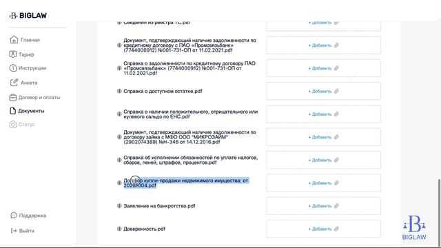 BIGLAW. Личный кабинет. Раздел "Документы"