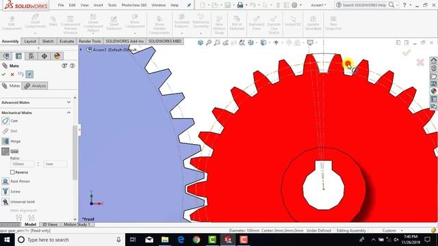 ⚡Mechanical Mate || Gear Mate || How to create a simple gear train animation in solidworks?