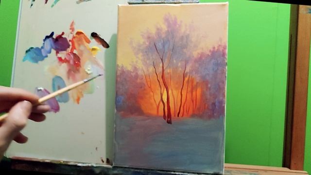 Учимся рисовать Зимний пейзаж с закатом для начинающих за один сеанс #какнарисовать #пейзаж