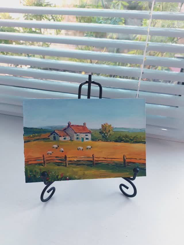 Сельский пейзаж с домиками и милыми барашками в поле #oilart #art #fineart #landscapepainting