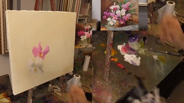 Этюд с орхидеями. Фрагменты урока. The etude of orchids. Fragment of lesson. Oil painting