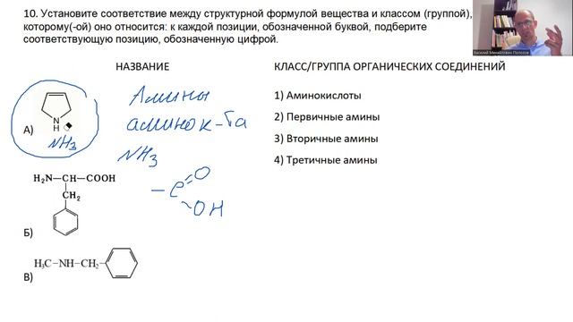 Задание 10 ЕГЭ химия 2024 разбор, определение класса по структурной формуле. Амины и аминокислоты