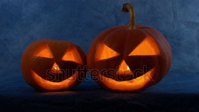 Two Halloween pumpkin lying on a blue background.Shoot BMCC.