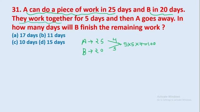 31. A can do a piece of work in 25 days and B in 20 days. They work together for 5 days... || edu21