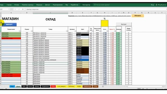 Магазин одежды.  Импорт и экспорт