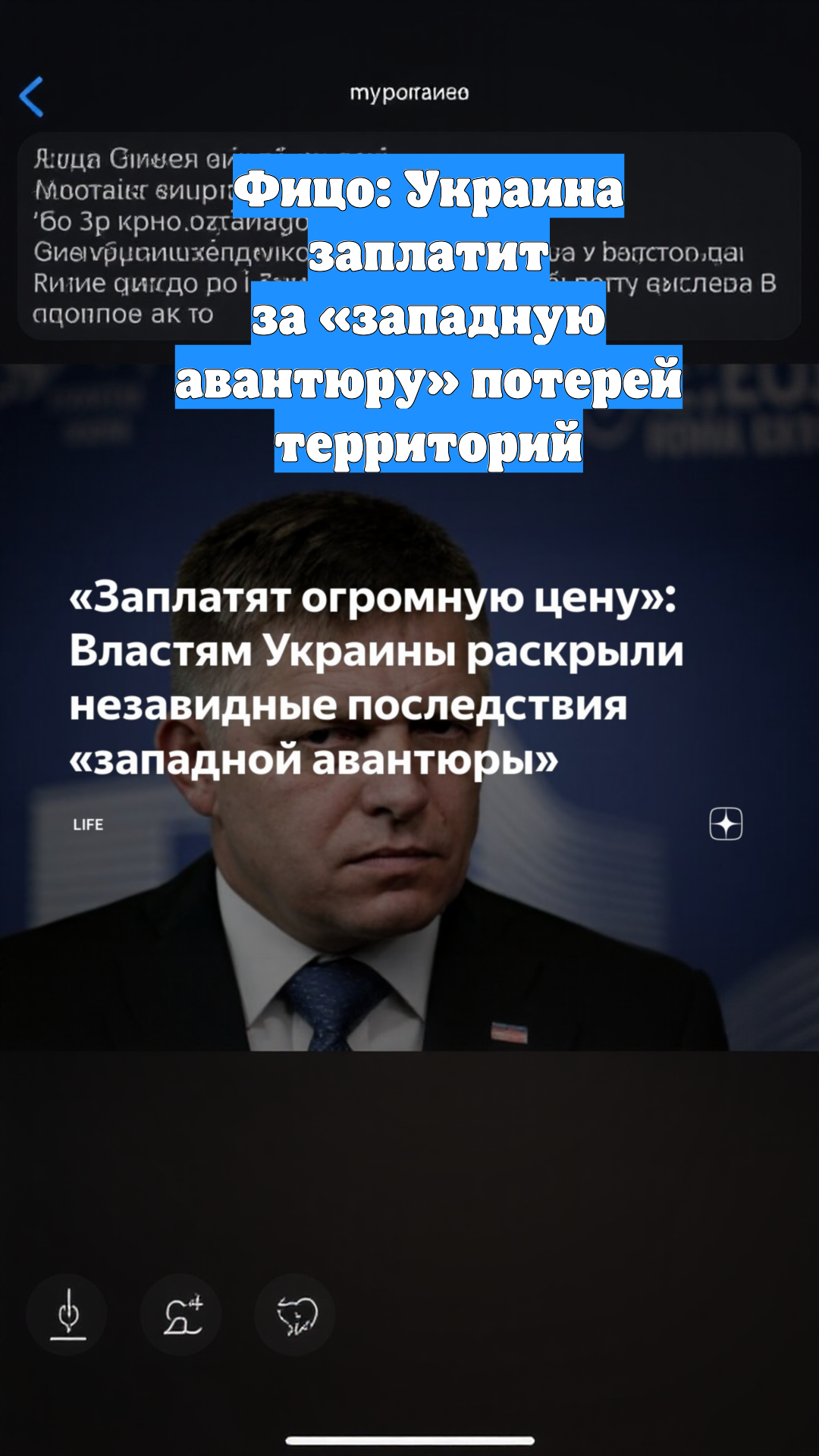 Фицо: Украина заплатит за «западную авантюру» потерей территорий