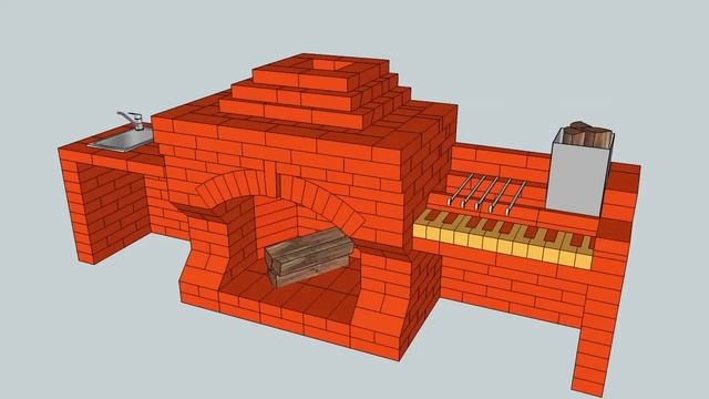 Уличный комплекс с камином, мангалом и мойкой из кирпича, чертеж прилагается.
