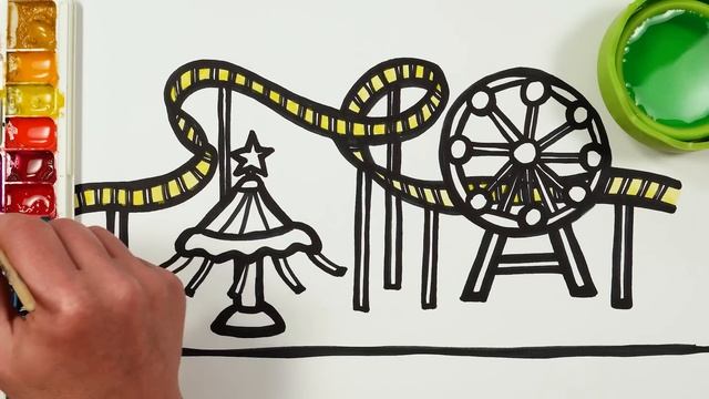 Американских горки! Рисование и раскрашивание парка развлечений для детей! Давайте рисовать легко