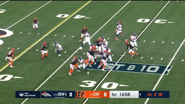 Jaleel McLaughlin weaves through traffic on 12-yard first play from scrimmage